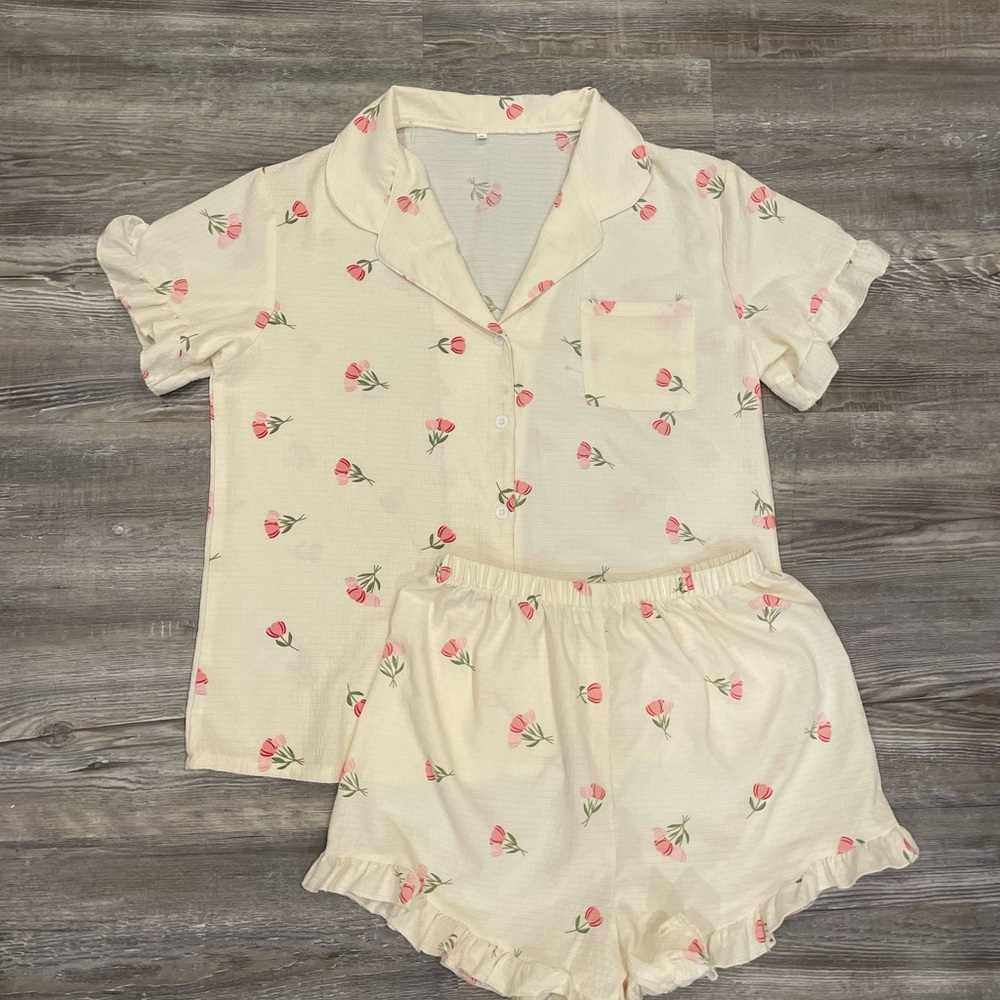 Floral Cream vintage cute Pajamas set